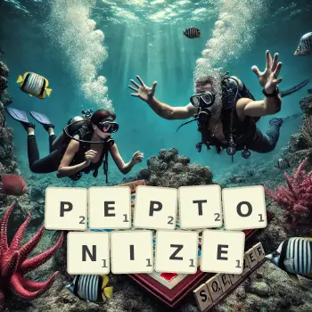 Creative illustration for a Scrabble game with the word PEPTONIZE spelled out in tiles on the board.