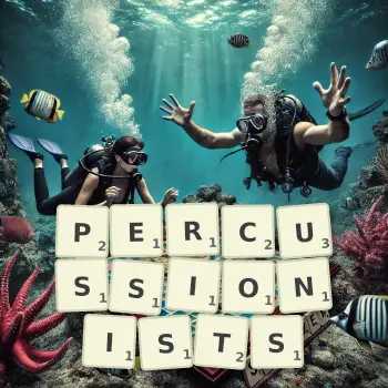 Creative illustration for a Scrabble game with the word PERCUSSIONISTS spelled out in tiles on the board.