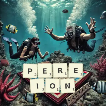 Creative illustration for a Scrabble game with the word PEREION spelled out in tiles on the board.