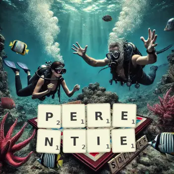 Creative illustration for a Scrabble game with the word PERENTIE spelled out in tiles on the board.