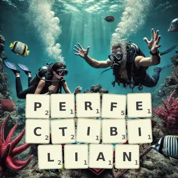 Creative illustration for a Scrabble game with the word PERFECTIBILIAN spelled out in tiles on the board.