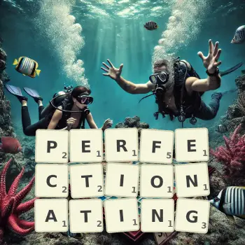 Creative illustration for a Scrabble game with the word PERFECTIONATING spelled out in tiles on the board.
