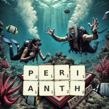 Creative illustration for a Scrabble game with the word PERIANTH spelled out in tiles on the board.
