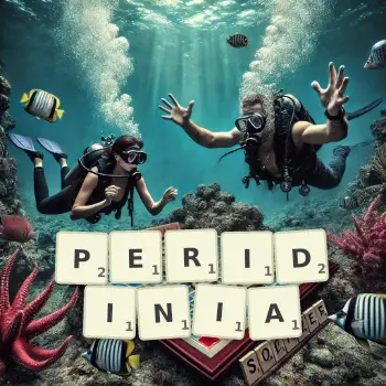 Creative illustration for a Scrabble game with the word PERIDINIA spelled out in tiles on the board.
