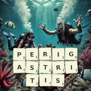 Creative illustration for a Scrabble game with the word PERIGASTRITIS spelled out in tiles on the board.