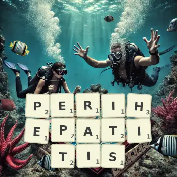 Creative illustration for a Scrabble game with the word PERIHEPATITIS spelled out in tiles on the board.