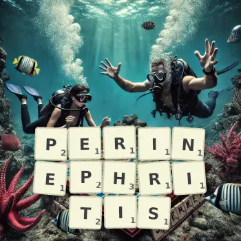 Creative illustration for a Scrabble game with the word PERINEPHRITIS spelled out in tiles on the board.