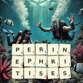 Creative illustration for a Scrabble game with the word PERINEPHRITISES spelled out in tiles on the board.
