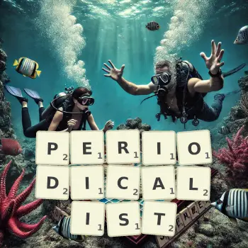 Creative illustration for a Scrabble game with the word PERIODICALIST spelled out in tiles on the board.