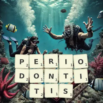 Creative illustration for a Scrabble game with the word PERIODONTITIS spelled out in tiles on the board.