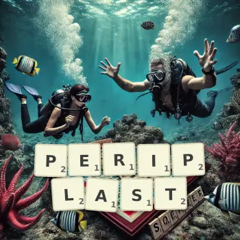 Creative illustration for a Scrabble game with the word PERIPLAST spelled out in tiles on the board.