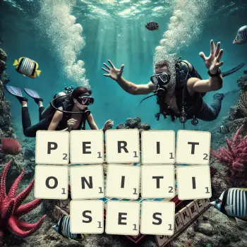 Creative illustration for a Scrabble game with the word PERITONITISES spelled out in tiles on the board.