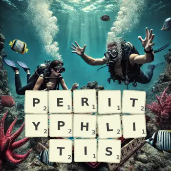 Creative illustration for a Scrabble game with the word PERITYPHLITIS spelled out in tiles on the board.
