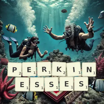 Creative illustration for a Scrabble game with the word PERKINESSES spelled out in tiles on the board.
