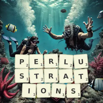 Creative illustration for a Scrabble game with the word PERLUSTRATIONS spelled out in tiles on the board.