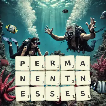 Creative illustration for a Scrabble game with the word PERMANENTNESSES spelled out in tiles on the board.