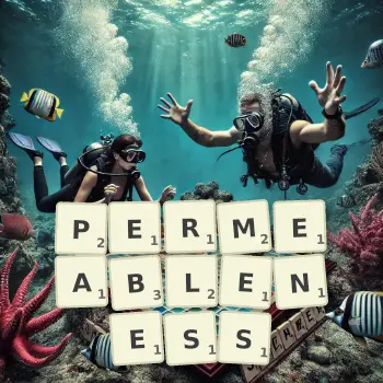 Creative illustration for a Scrabble game with the word PERMEABLENESS spelled out in tiles on the board.