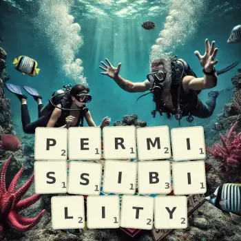 Creative illustration for a Scrabble game with the word PERMISSIBILITY spelled out in tiles on the board.
