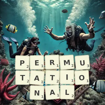Creative illustration for a Scrabble game with the word PERMUTATIONAL spelled out in tiles on the board.