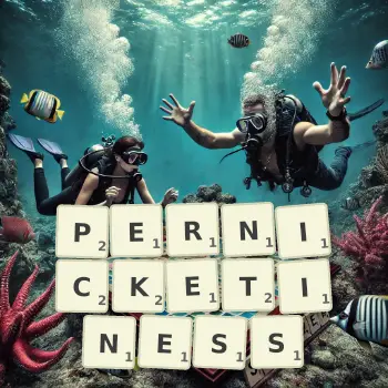 Creative illustration for a Scrabble game with the word PERNICKETINESS spelled out in tiles on the board.