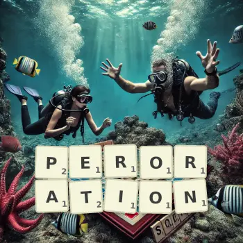 Creative illustration for a Scrabble game with the word PERORATION spelled out in tiles on the board.