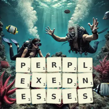 Creative illustration for a Scrabble game with the word PERPLEXEDNESSES spelled out in tiles on the board.