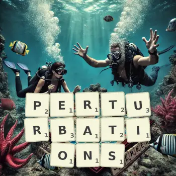 Creative illustration for a Scrabble game with the word PERTURBATIONS spelled out in tiles on the board.