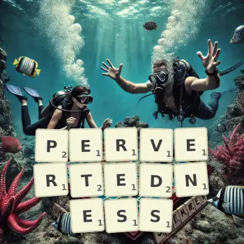Creative illustration for a Scrabble game with the word PERVERTEDNESS spelled out in tiles on the board.