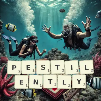 Creative illustration for a Scrabble game with the word PESTILENTLY spelled out in tiles on the board.