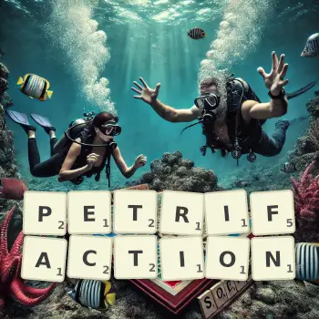 Creative illustration for a Scrabble game with the word PETRIFACTION spelled out in tiles on the board.