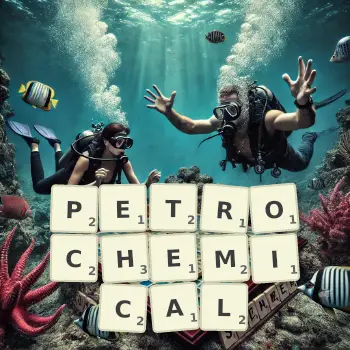 Creative illustration for a Scrabble game with the word PETROCHEMICAL spelled out in tiles on the board.