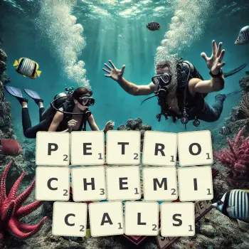 Creative illustration for a Scrabble game with the word PETROCHEMICALS spelled out in tiles on the board.