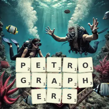 Creative illustration for a Scrabble game with the word PETROGRAPHERS spelled out in tiles on the board.