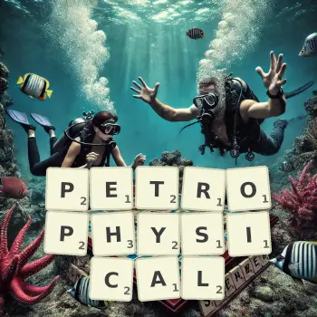 Creative illustration for a Scrabble game with the word PETROPHYSICAL spelled out in tiles on the board.