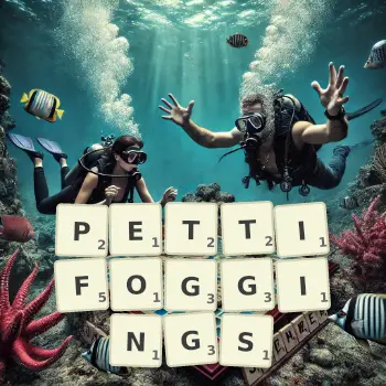 Creative illustration for a Scrabble game with the word PETTIFOGGINGS spelled out in tiles on the board.