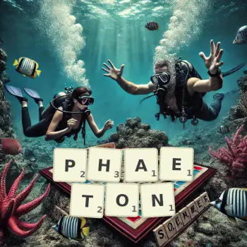 Creative illustration for a Scrabble game with the word PHAETON spelled out in tiles on the board.