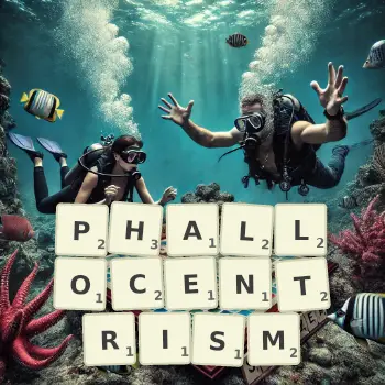 Creative illustration for a Scrabble game with the word PHALLOCENTRISM spelled out in tiles on the board.