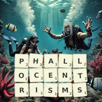 Creative illustration for a Scrabble game with the word PHALLOCENTRISMS spelled out in tiles on the board.