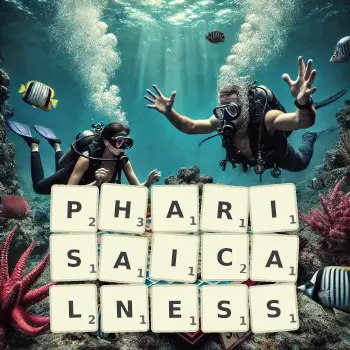 Creative illustration for a Scrabble game with the word PHARISAICALNESS spelled out in tiles on the board.
