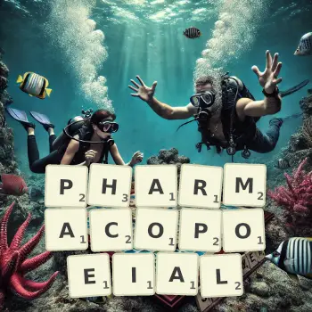 Creative illustration for a Scrabble game with the word PHARMACOPOEIAL spelled out in tiles on the board.