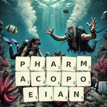 Creative illustration for a Scrabble game with the word PHARMACOPOEIAN spelled out in tiles on the board.