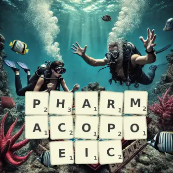 Creative illustration for a Scrabble game with the word PHARMACOPOEIC spelled out in tiles on the board.