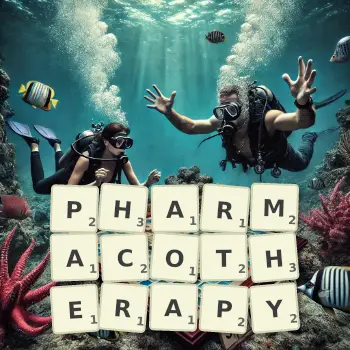 Creative illustration for a Scrabble game with the word PHARMACOTHERAPY spelled out in tiles on the board.