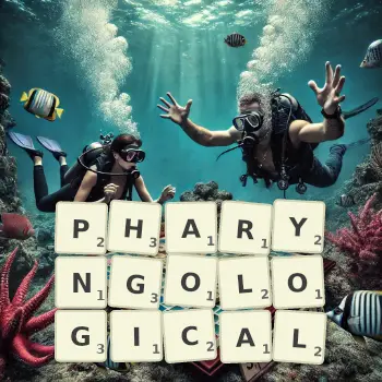 Creative illustration for a Scrabble game with the word PHARYNGOLOGICAL spelled out in tiles on the board.