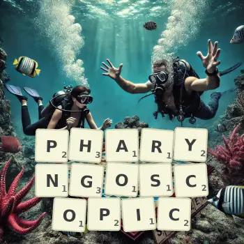 Creative illustration for a Scrabble game with the word PHARYNGOSCOPIC spelled out in tiles on the board.