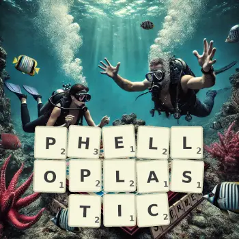 Creative illustration for a Scrabble game with the word PHELLOPLASTIC spelled out in tiles on the board.