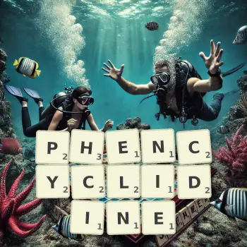 Creative illustration for a Scrabble game with the word PHENCYCLIDINE spelled out in tiles on the board.