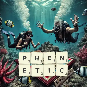 Creative illustration for a Scrabble game with the word PHENETIC spelled out in tiles on the board.