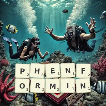 Creative illustration for a Scrabble game with the word PHENFORMIN spelled out in tiles on the board.