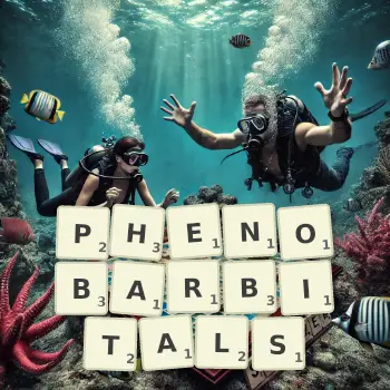 Creative illustration for a Scrabble game with the word PHENOBARBITALS spelled out in tiles on the board.